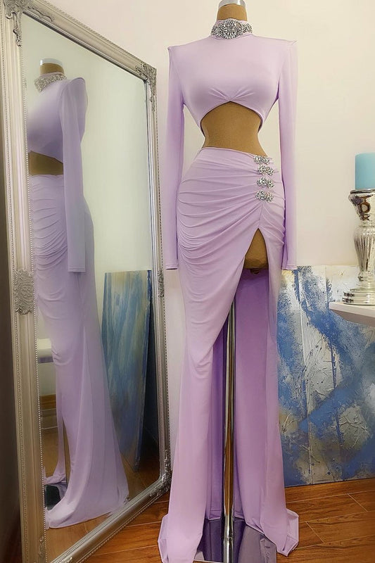 Lavender Two-Piece High Neck Crystal Long Sleeve Prom Dress
