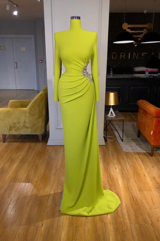 Lime Green High Neck Spandex Long Sleeve Crystal Prom Dress