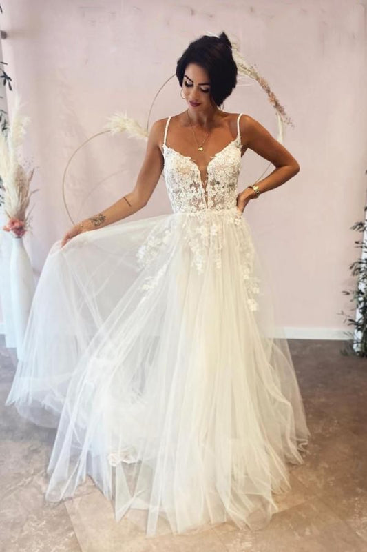 Long A-line Deep V-neck Spaghetti Straps Backless Tulle Wedding Dress with Lace