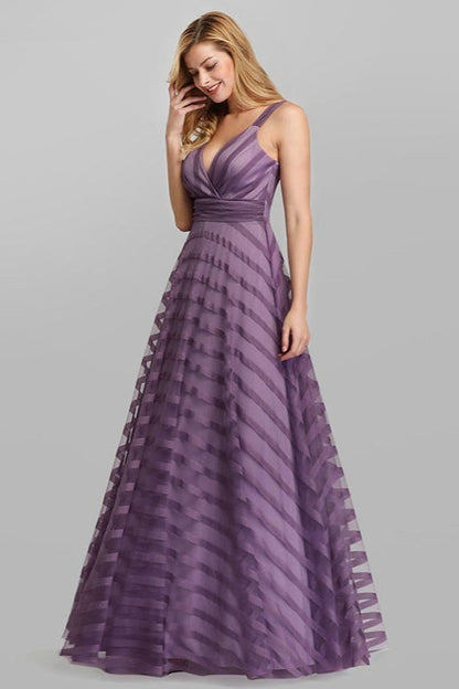 Long A-line V-Neck Tulle Satin Formal Prom Dresses