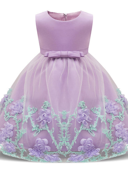 Long Length Sleeveless Jewel Neck Flower Girl Dresses with Satin Tulle and Petal Bow Appliques
