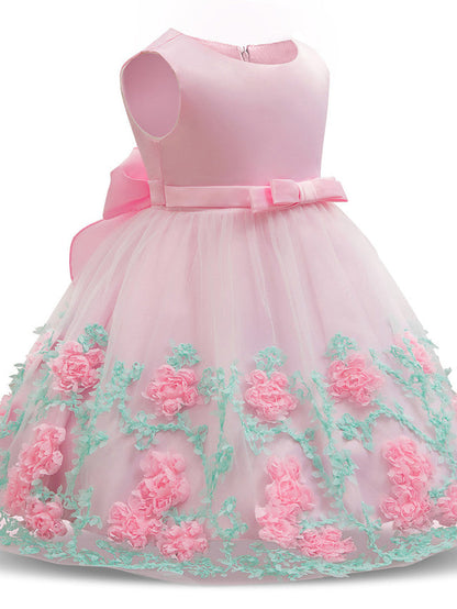 Long Length Sleeveless Jewel Neck Flower Girl Dresses with Satin Tulle and Petal Bow Appliques
