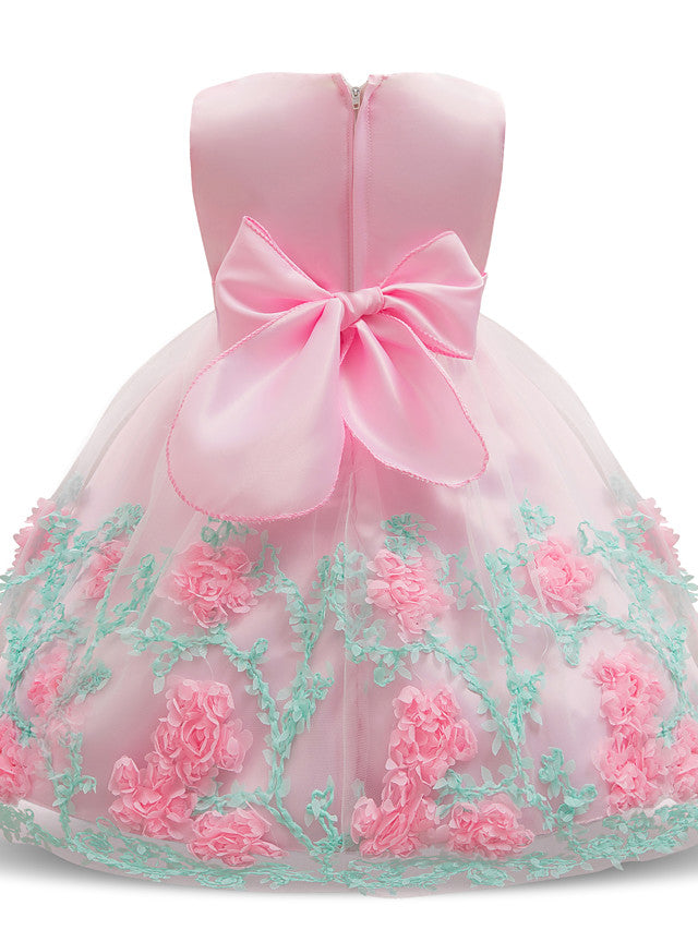 Long Length Sleeveless Jewel Neck Flower Girl Dresses with Satin Tulle and Petal Bow Appliques