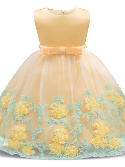 Long Length Sleeveless Jewel Neck Flower Girl Dresses with Satin Tulle and Petal Bow Appliques