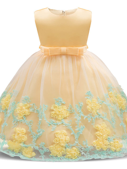 Long Length Sleeveless Jewel Neck Flower Girl Dresses with Satin Tulle and Petal Bow Appliques