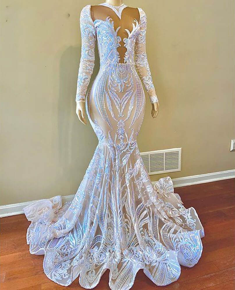 Long Mermaid V-neck Lace Formal Prom Dress with Sleeves
