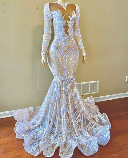 Long Mermaid V-neck Lace Formal Prom Dress with Sleeves