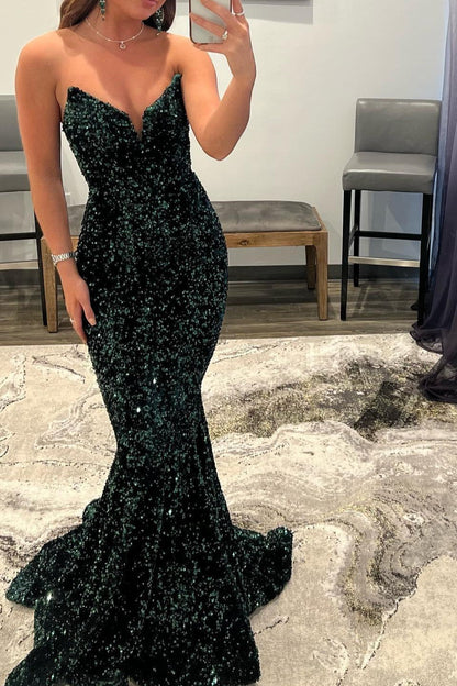 Long Mermaid V-Neck Sequins Backless Formal Prom Dress