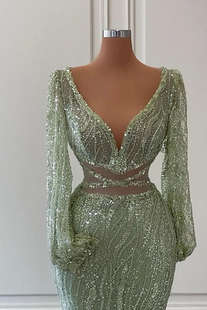 Long Mermaid V-Neck Sequins Tulle Lace Evening Prom Dress with Sleeves
