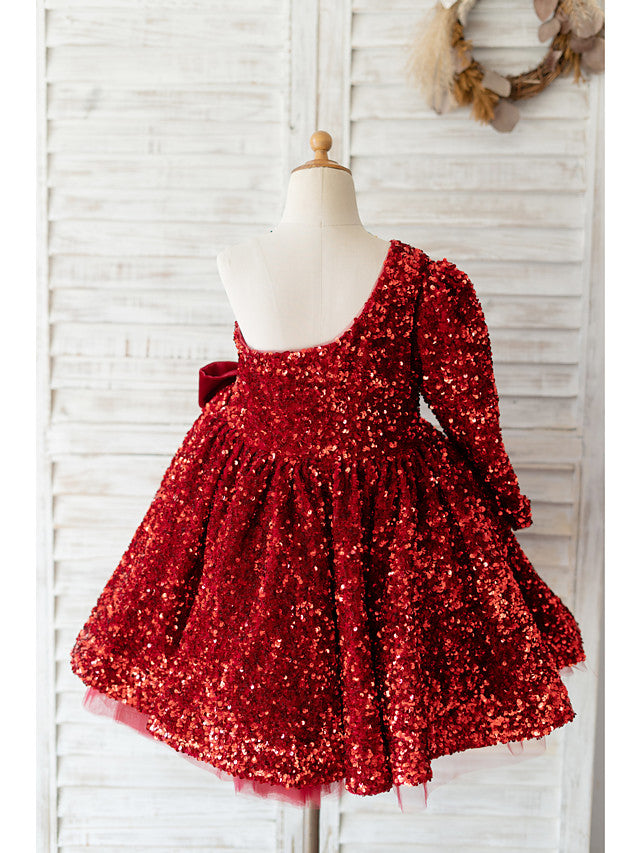 Long Sleeve One Shoulder Ball Gown Knee Length Flower Girl Dress with Bow and Sequins