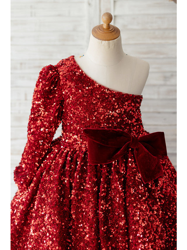 Long Sleeve One Shoulder Ball Gown Knee Length Flower Girl Dress with Bow and Sequins