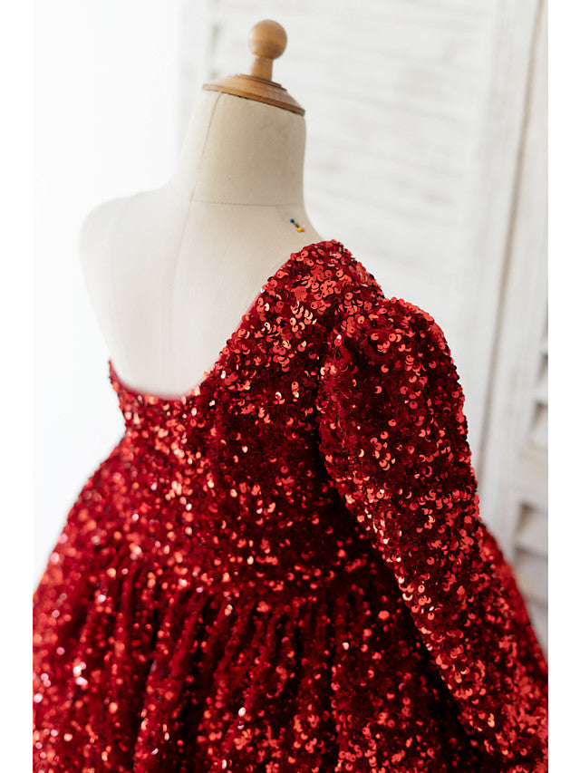 Long Sleeve One Shoulder Ball Gown Knee Length Flower Girl Dress with Bow and Sequins
