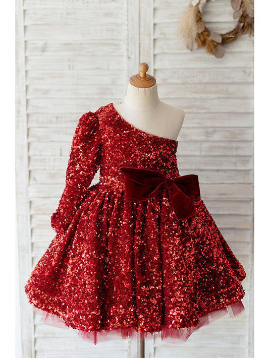 Long Sleeve One Shoulder Ball Gown Knee Length Flower Girl Dress with Bow and Sequins