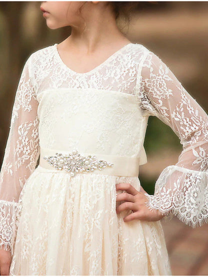 Long Sleeve V-Neck Ball Gown Flower Girl Dress with Lace Bow Appliques