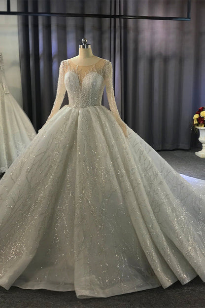 Long Sleeves Ball Gown Wedding Dress with Ruffles - Amazing Bateau