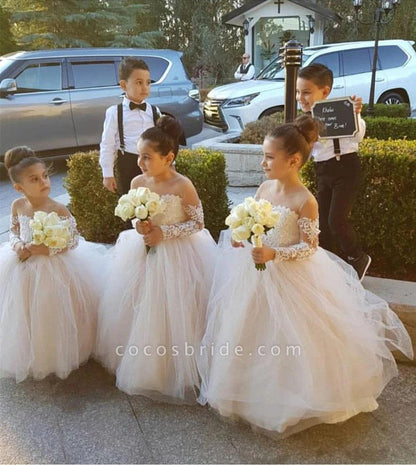 Long Sleeves Boho Ball Gown Flower Girl Dress with Lace Tulle