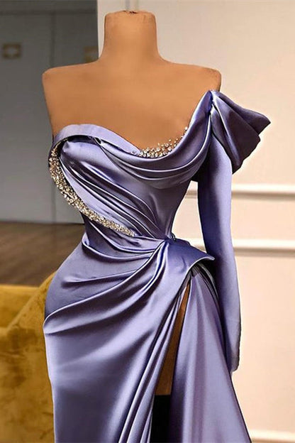 Long Sleeves Mermaid One Shoulder Satin Evening Prom Dress with Split