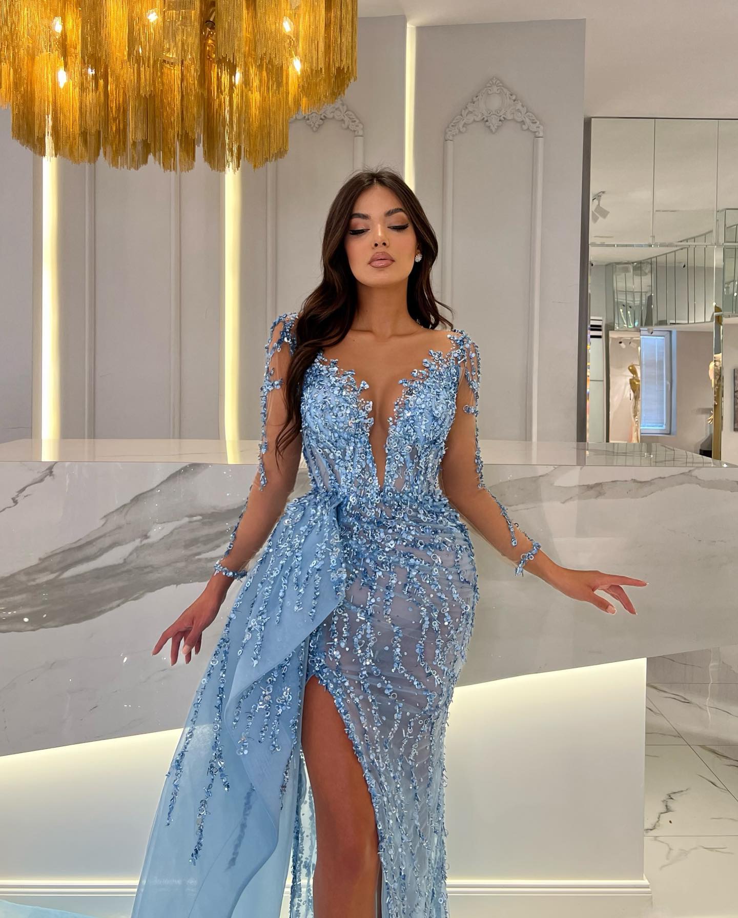 Long Sleeves Sweetheart Mermaid Tulle Lace Evening Prom Dress with Slit