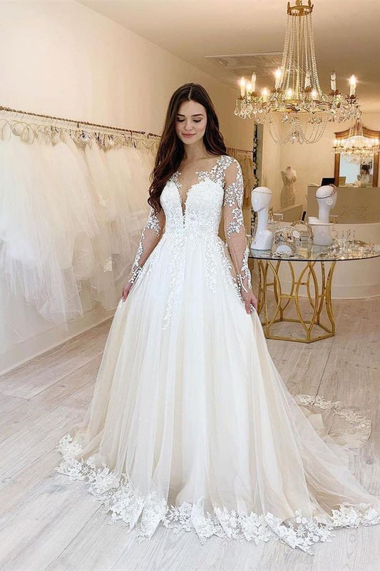 Long Sleeves Tulle Sweetheart Lace Wedding Dress