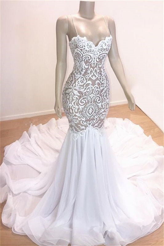 Long Spaghetti-Straps Wedding Dress Mermaid With Lace