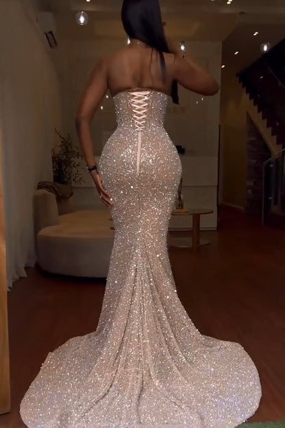 Long Sweetheart Sequins Backless Sleeveless Mermaid Prom Dress