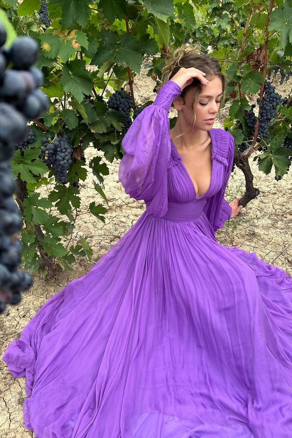Look Fabulous in this Purple V-Neck Evening Dress with Long Sleeves and A-Line Design