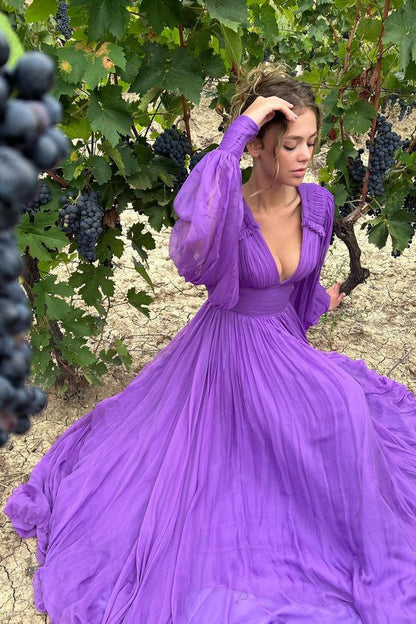 Look Fabulous in this Purple V-Neck Evening Dress with Long Sleeves and A-Line Design