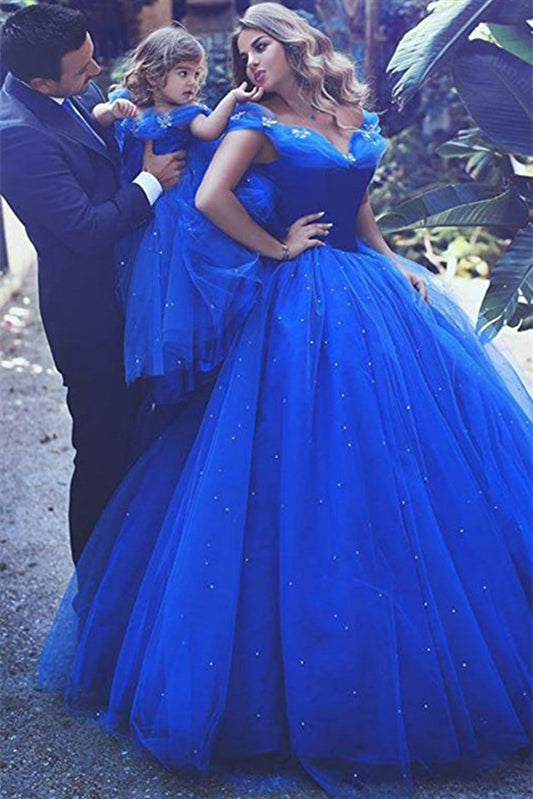Lovely Royal Blue Off-the-Shoulder Tulle Flower Girl Dress On Sale