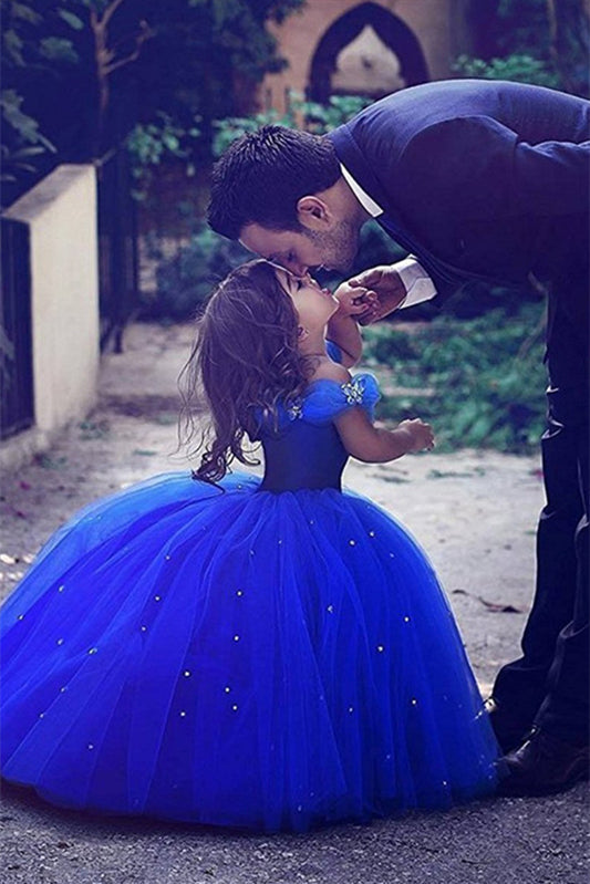 Lovely Royal Blue Off-the-Shoulder Tulle Flower Girl Dress On Sale