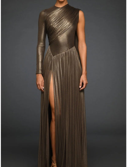 Sheath / Column Evening Gown High Split Dress Formal Fall Sweep / Brush Train Long Sleeve Jewel Neck Tulle with Pleats Slit 2025