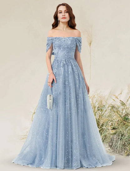 A-Line Prom Dresses Elegant Dress Wedding Guest Sleeveless Off Shoulder Lace with Pleats