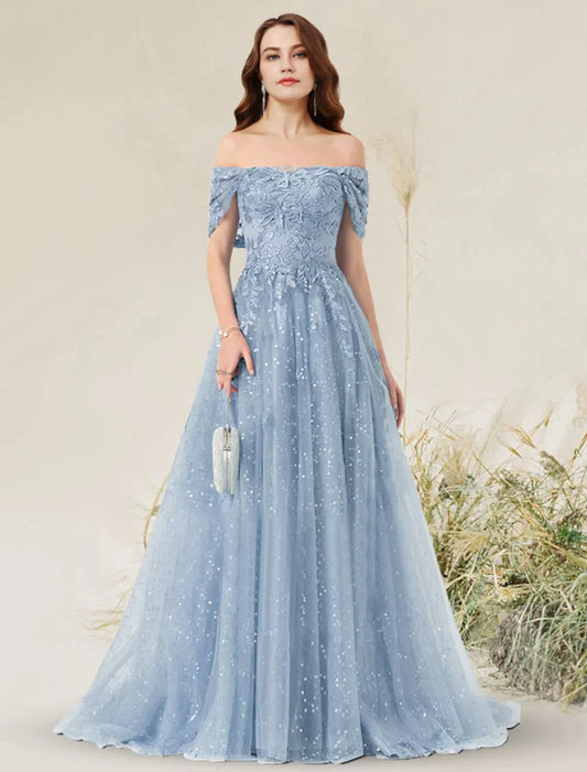 A-Line Prom Dresses Elegant Dress Wedding Guest Sleeveless Off Shoulder Lace with Pleats