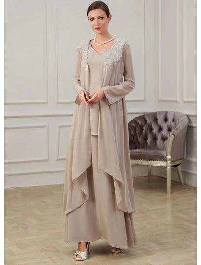 A-Line Mother of the Bride Dress Wedding Guest Elegant Jewel Neck Floor Length Chiffon Long Sleeve Jacket Dresses with Appliques Fall