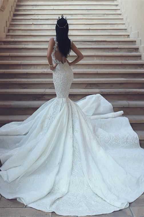 Luxurious V-Neck Mermaid Wedding Dress With Lace Appliques Sleeveless