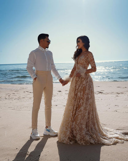 Luxury Long A-line Train Wedding Dress with Lace
