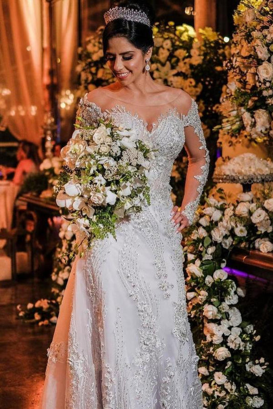 Luxury Long Sleeves Mermaid Off the shoulder Wedding Dress with Appliques Lace