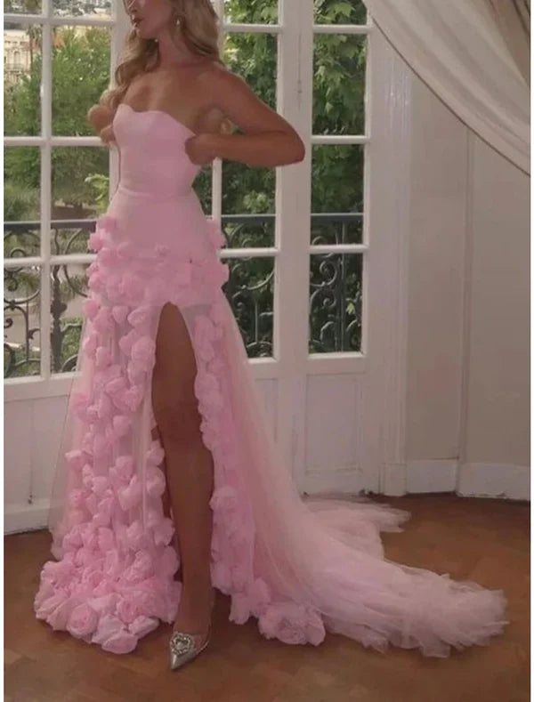 A-Line Prom Dresses Elegant Dress Formal Court Train Sleeveless Strapless Tulle with Slit With Flowers
