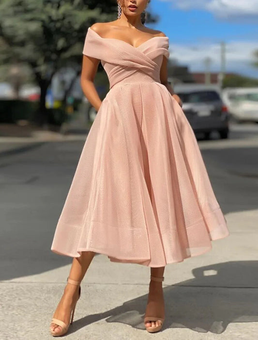 A-Line Prom Dresses Vintage Dress Wedding Guest Summer Tea Length Sleeveless Off Shoulder Organza Backless with Ruched 2025