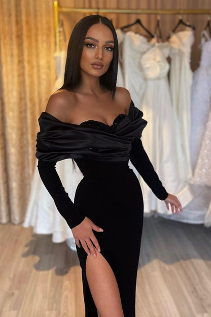 Mermaid Evening Dress With Split - Black Long Sleeves
