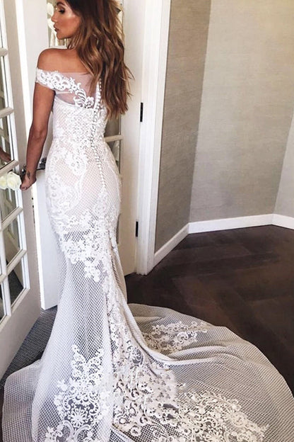 Mermaid Wedding Dress With Appliques and Off-the-Shoulder Sweep Train