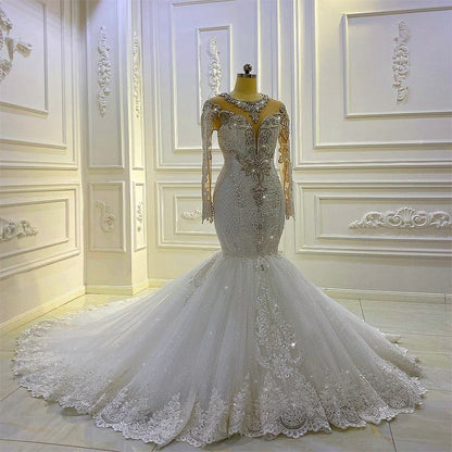 Mermaid Wedding Dress with Long Sleeves, Beadings & Applique