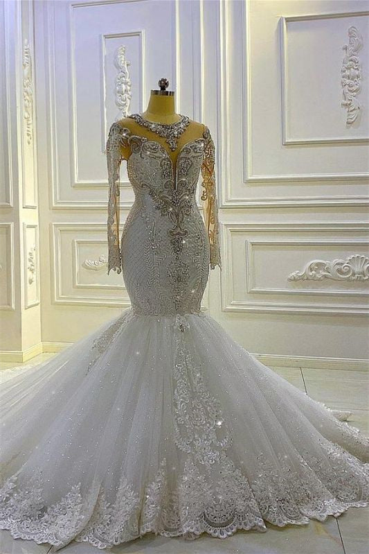 Mermaid Wedding Dress with Long Sleeves, Beadings & Applique