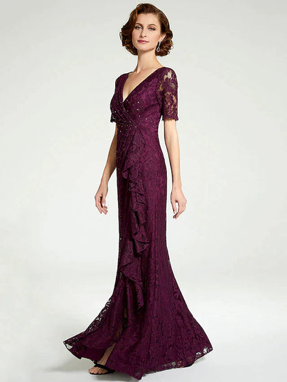 Sheath / Column Mother of the Bride Dress V Neck Floor Length Lace Short Sleeve with Lace Beading