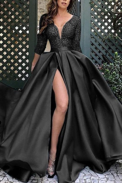 Modern Half Sleeves Satin Long Evening Dress with Slit and Lace