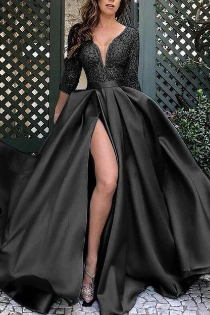 Modern Half Sleeves Slit Evening Dress Satin Long With Lace
