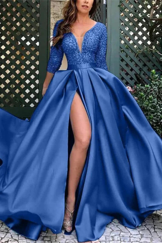 Modern Half Sleeves Slit Evening Dress Satin Long With Lace