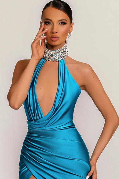 Modern High Neck Prom Dresses with Sleeveless Slit and Crystal Embellishment