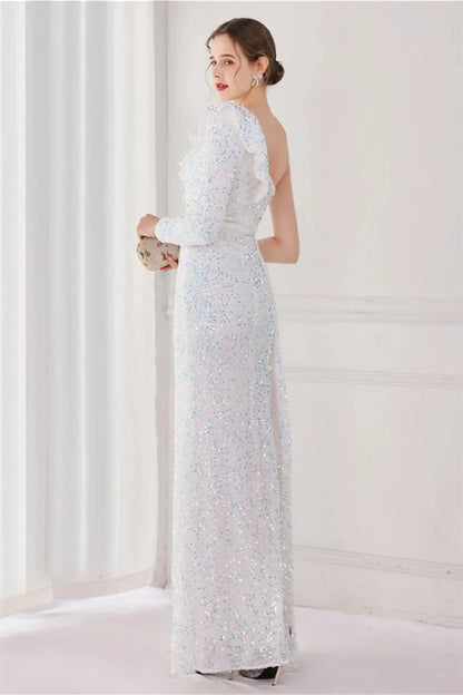 Modern Long Sleeves Sequins Evening Dress One Shoulder Mermaid With Split