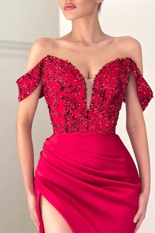 Modern Off-the-Shoulder Red Evening Dress Mermaid Slit With Beads