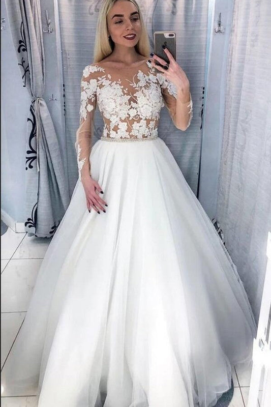 Modern Scoop Long Sleeves Wedding Dress with Lace Appliques and Tulle